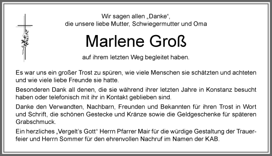 Traueranzeige von Marlene Groß von Allgäuer Zeitung, Kaufbeuren/Buchloe