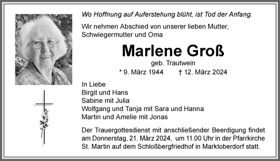 Traueranzeige von Marlene Groß von Allgäuer Zeitung, Marktoberdorf
