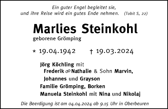 Traueranzeige von Marlies Steinkohl von Allgäuer Zeitung, Kaufbeuren/Buchloe