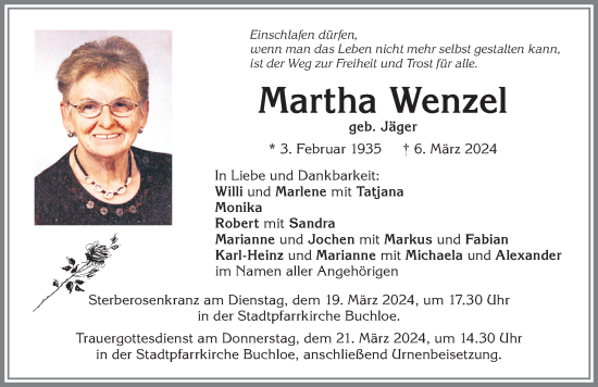 Traueranzeige von Martha Wenzel von Allgäuer Zeitung, Kaufbeuren/Buchloe