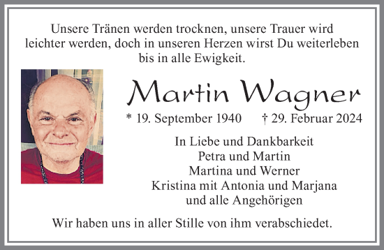 Traueranzeige von Martin Wagner von Allgäuer Zeitung, Marktoberdorf