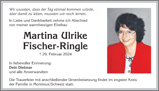 Traueranzeige von Martina Ulrike Fischer-Ringle von Allgäuer Zeitung, Füssen