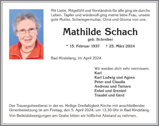 Traueranzeige von Mathilde Schach von Allgäuer Anzeigeblatt