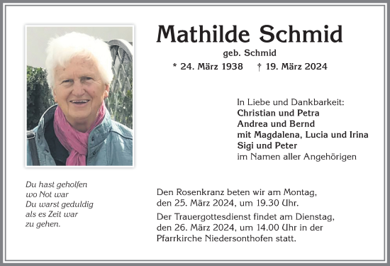 Traueranzeige von Mathilde Schmid von Allgäuer Anzeigeblatt