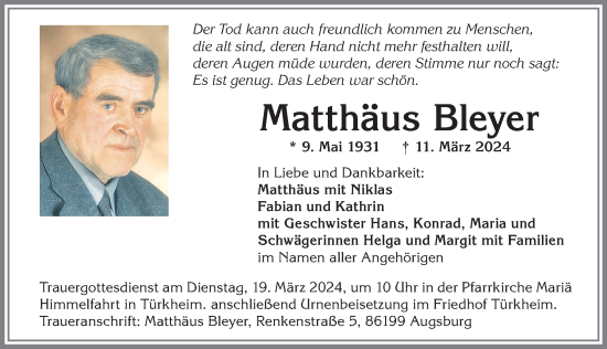 Traueranzeige von Matthäus Bleyer von Mindelheimer Zeitung, Augsburger Allgemeine
