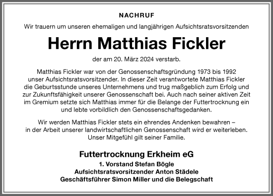 Traueranzeige von Matthias Fickler von Memminger Zeitung