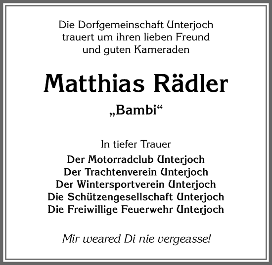 Traueranzeige von Matthias Rädler von Allgäuer Anzeigeblatt