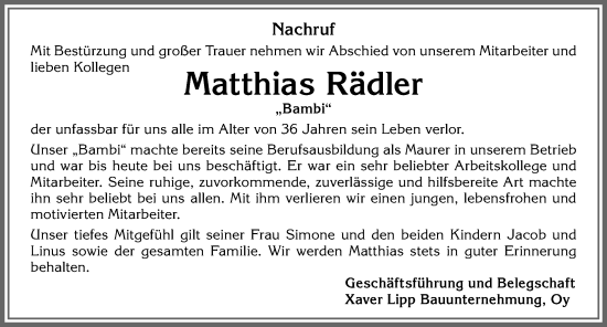 Traueranzeige von Matthias Rädler von Allgäuer Anzeigeblatt