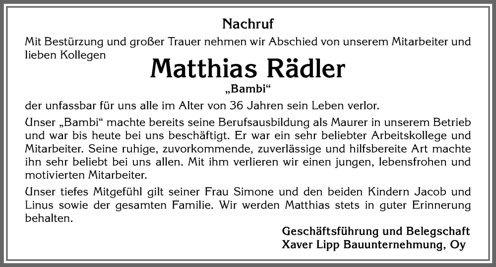  Traueranzeige für Matthias Rädler vom 06.03.2024 aus Allgäuer Anzeigeblatt