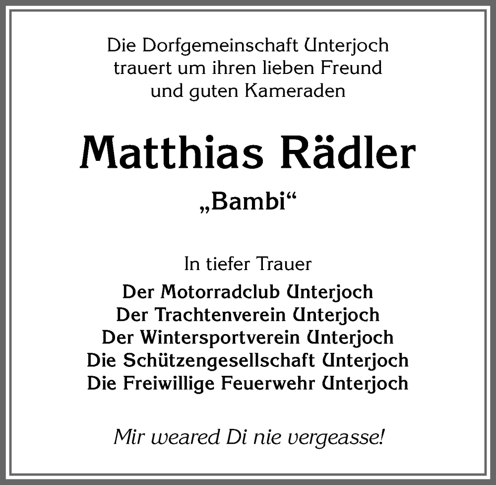  Traueranzeige für Matthias Rädler vom 04.03.2024 aus Allgäuer Anzeigeblatt