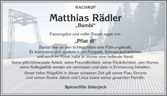 Traueranzeige von Matthias Rädler von Allgäuer Anzeigeblatt