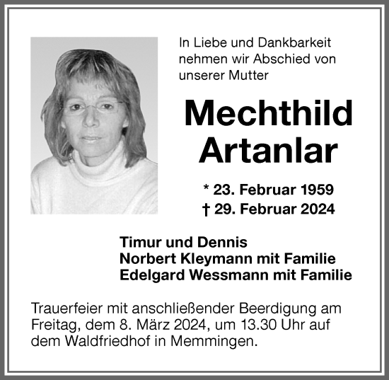 Traueranzeige von Mechthild Artanlar von Memminger Zeitung