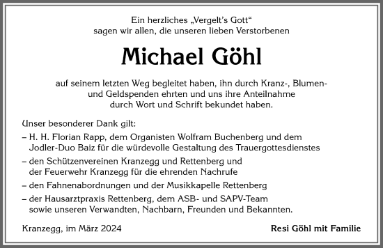 Traueranzeige von Michael Göhl von Allgäuer Anzeigeblatt