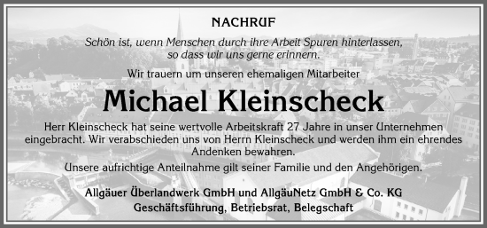 Traueranzeige von Michael Kleinscheck von Allgäuer Zeitung,Kempten