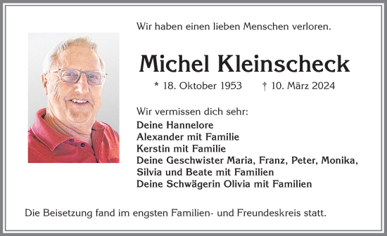 Traueranzeige von Michel Kleinscheck von Allgäuer Zeitung,Kempten