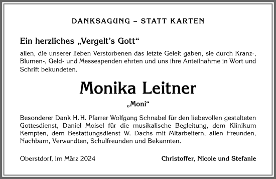 Traueranzeige von Monika Leitner von Allgäuer Anzeigeblatt