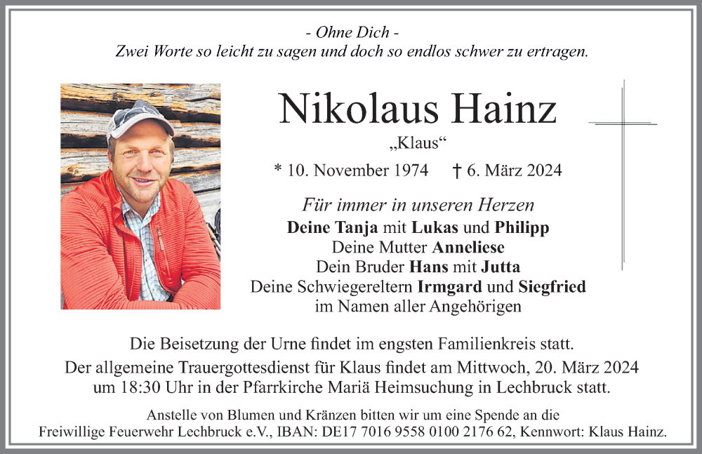  Traueranzeige für Nikolaus Hainz vom 16.03.2024 aus Allgäuer Zeitung, Füssen