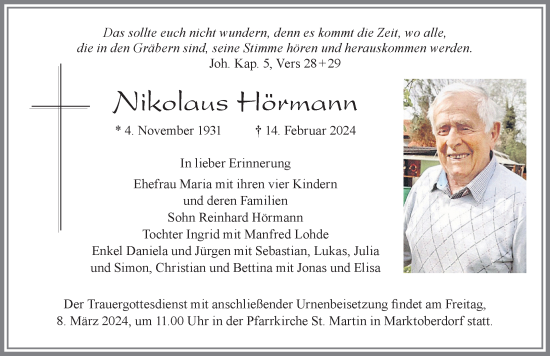 Traueranzeige von Nikolaus Hörmann von Allgäuer Zeitung, Marktoberdorf