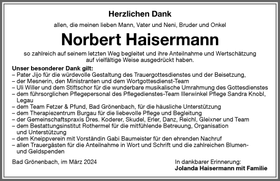 Traueranzeige von Norbert Haisermann von Memminger Zeitung