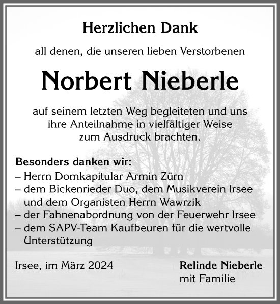 Traueranzeige von Norbert Nieberle von Allgäuer Zeitung, Kaufbeuren/Buchloe