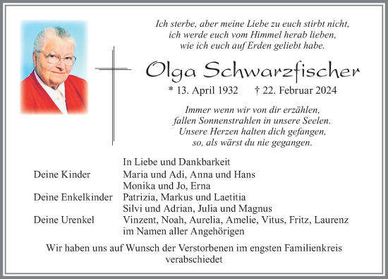 Traueranzeige von Olga Schwarzfischer von Allgäuer Zeitung, Füssen