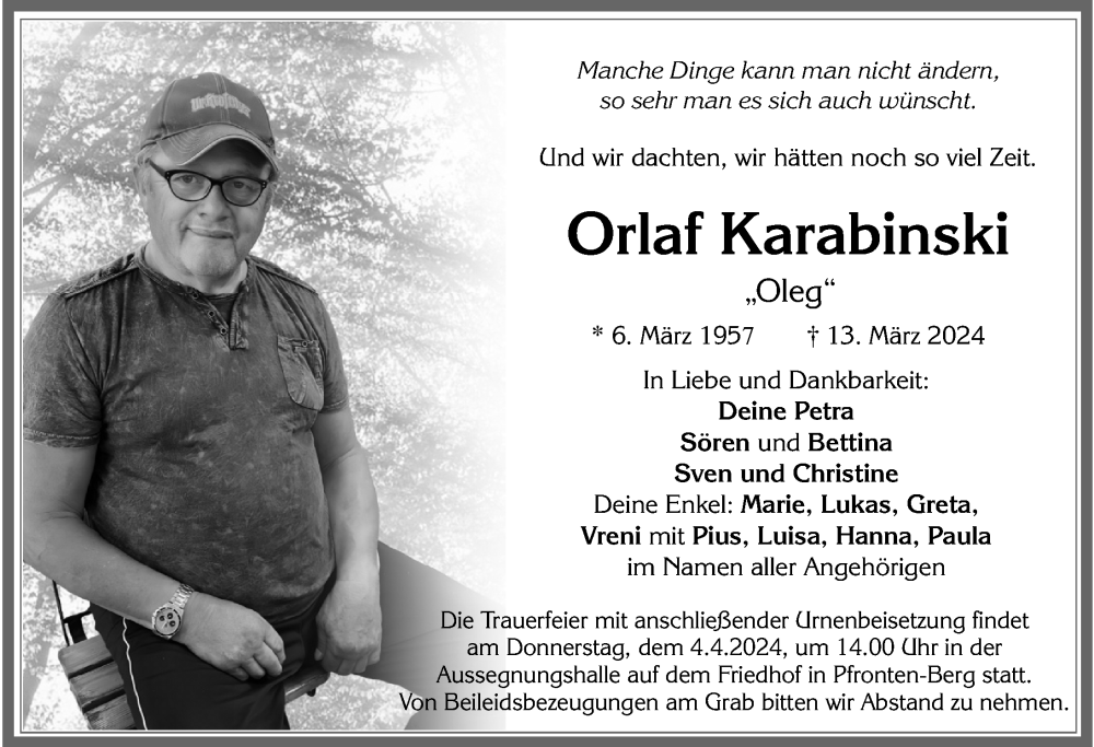  Traueranzeige für Orlaf Karabinski vom 30.03.2024 aus Allgäuer Zeitung, Füssen