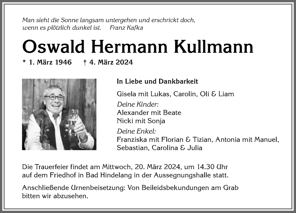  Traueranzeige für Oswald Hermann Kullmann vom 16.03.2024 aus Allgäuer Anzeigeblatt