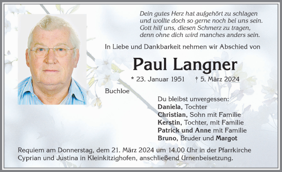 Traueranzeige von Paul Langner von Allgäuer Zeitung, Kaufbeuren/Buchloe