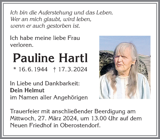 Traueranzeige von Pauline Hartl von Allgäuer Zeitung, Kaufbeuren/Buchloe