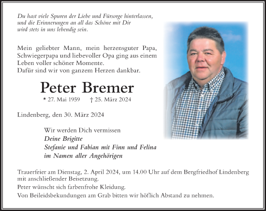 Traueranzeige von Peter Bremer von Der Westallgäuer