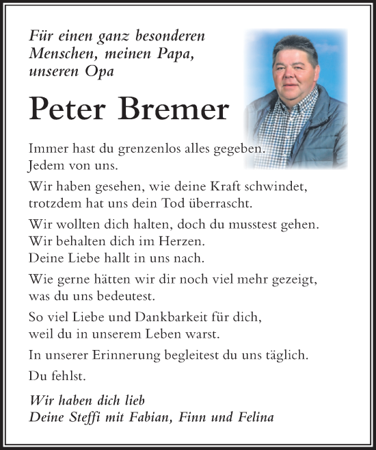 Traueranzeige von Peter Bremer von Der Westallgäuer