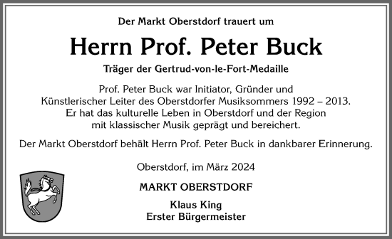 Traueranzeige von Peter Buck von Allgäuer Anzeigeblatt