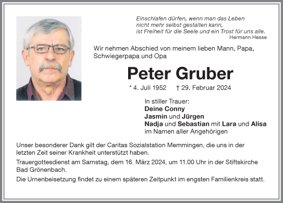 Traueranzeige von Peter Gruber von Memminger Zeitung