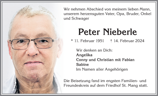 Traueranzeige von Peter Nieberle von Allgäuer Zeitung,Kempten