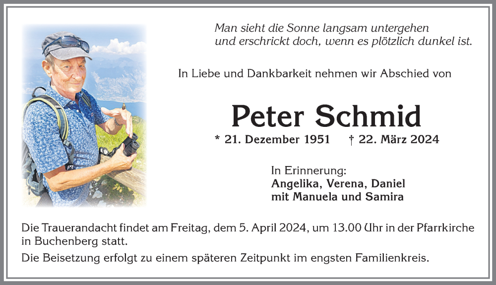  Traueranzeige für Peter Schmid vom 30.03.2024 aus Allgäuer Zeitung,Kempten