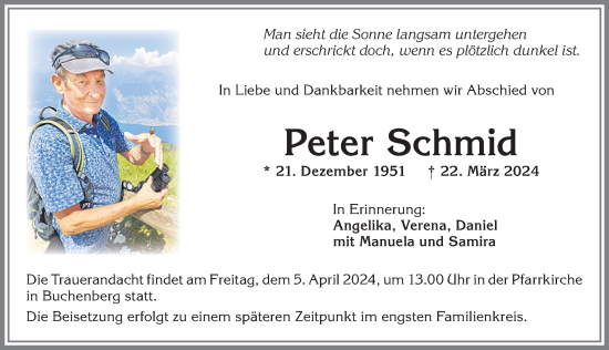 Traueranzeige von Peter Schmid von Allgäuer Zeitung,Kempten