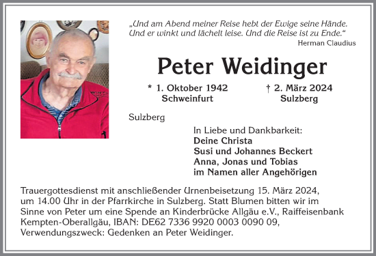 Traueranzeige von Peter Weidinger von Allgäuer Zeitung,Kempten