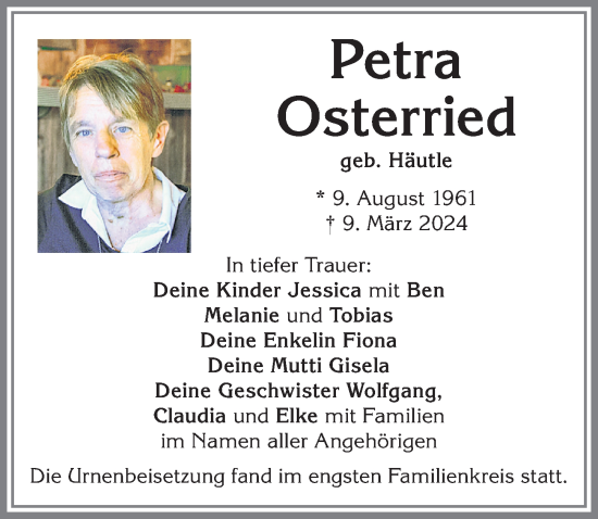 Traueranzeige von Petra Osterried von Allgäuer Zeitung, Kaufbeuren/Buchloe