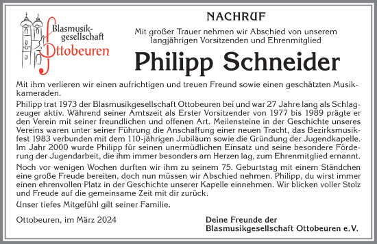 Traueranzeige von Philipp Schneider von Memminger Zeitung