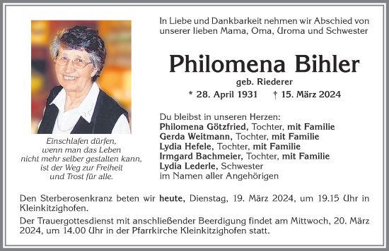 Traueranzeige von Philomena Bihler von Allgäuer Zeitung, Kaufbeuren/Buchloe