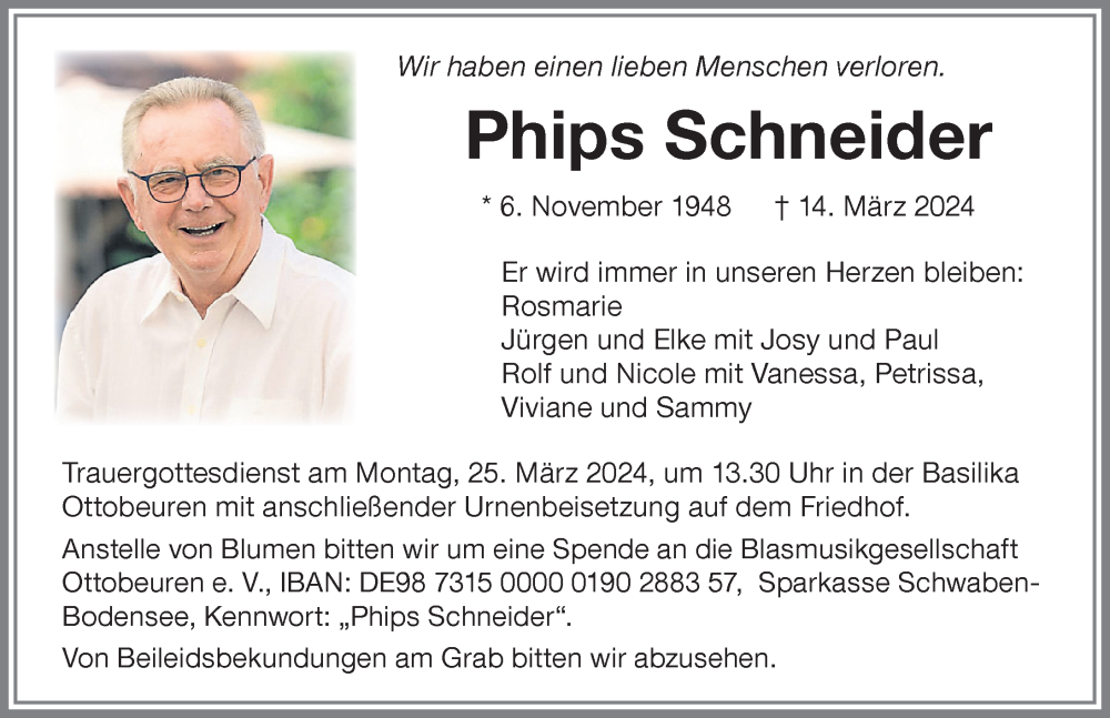 Traueranzeige für Phips Schneider vom 20.03.2024 aus Memminger Zeitung