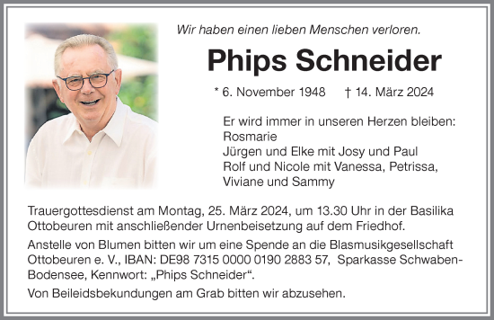 Traueranzeige von Phips Schneider von Memminger Zeitung