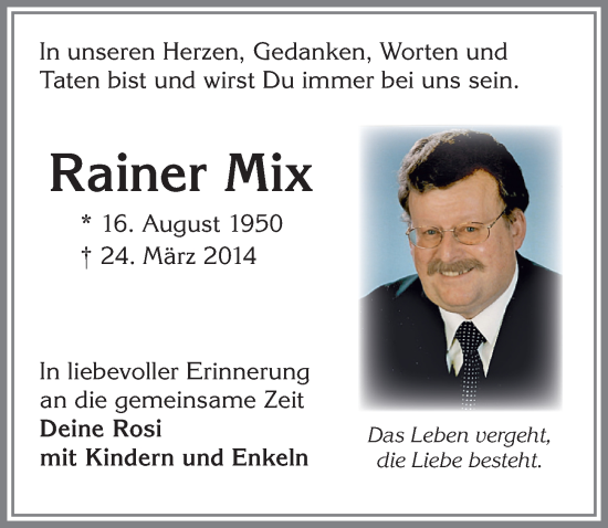Traueranzeige von Rainer Mix von Allgäuer Zeitung, Marktoberdorf