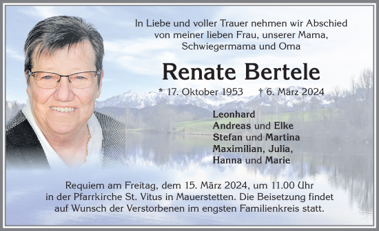 Traueranzeige von Renate Bertele von Allgäuer Zeitung, Kaufbeuren/Buchloe