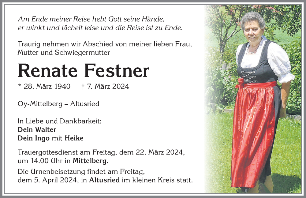 Traueranzeige für Renate Festner vom 16.03.2024 aus Allgäuer Zeitung,Kempten