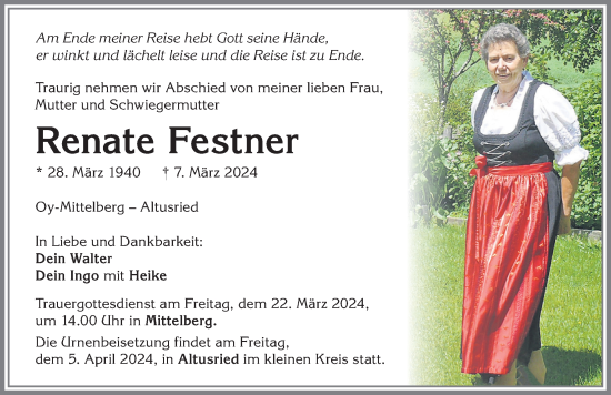 Traueranzeige von Renate Festner von Allgäuer Zeitung,Kempten