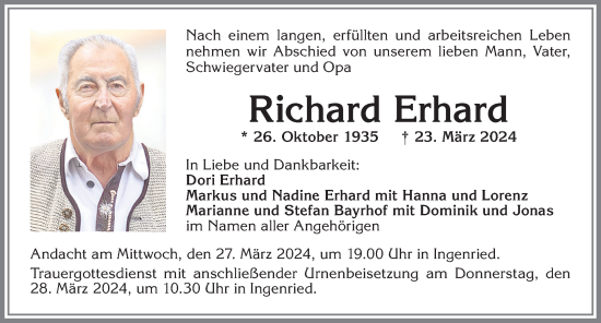 Traueranzeige von Richard Erhard von Allgäuer Zeitung, Marktoberdorf