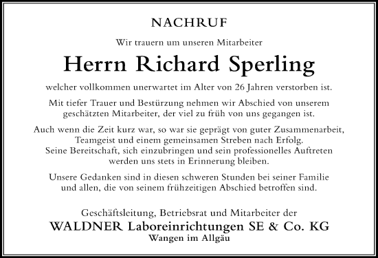 Traueranzeige von Richard Sperling von Der Westallgäuer