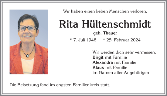 Traueranzeige von Rita Hültenschmidt von Allgäuer Zeitung,Kempten
