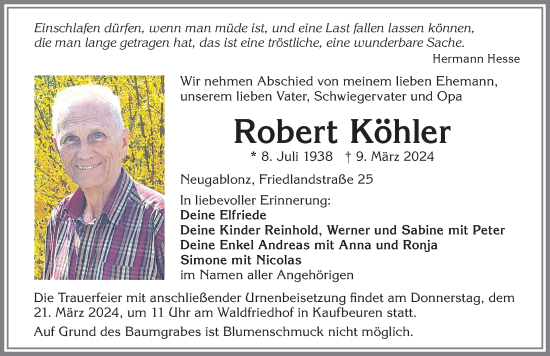 Traueranzeige von Robert Köhler von Allgäuer Zeitung, Kaufbeuren/Buchloe